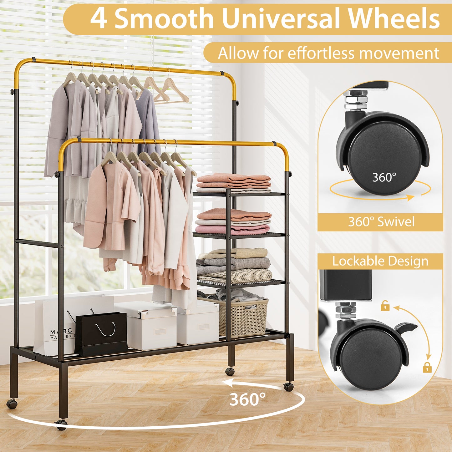 Rolling Double Rods Garment Rack with Height Adjustable Hanging Bars-Golden Kids Crystal
