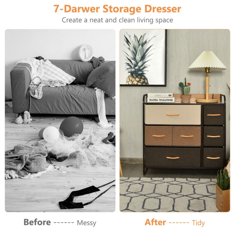 7 Drawer Tower Steel Frame and Wooden Top Dresser Storage Chest for Bedroom Kids Crystal