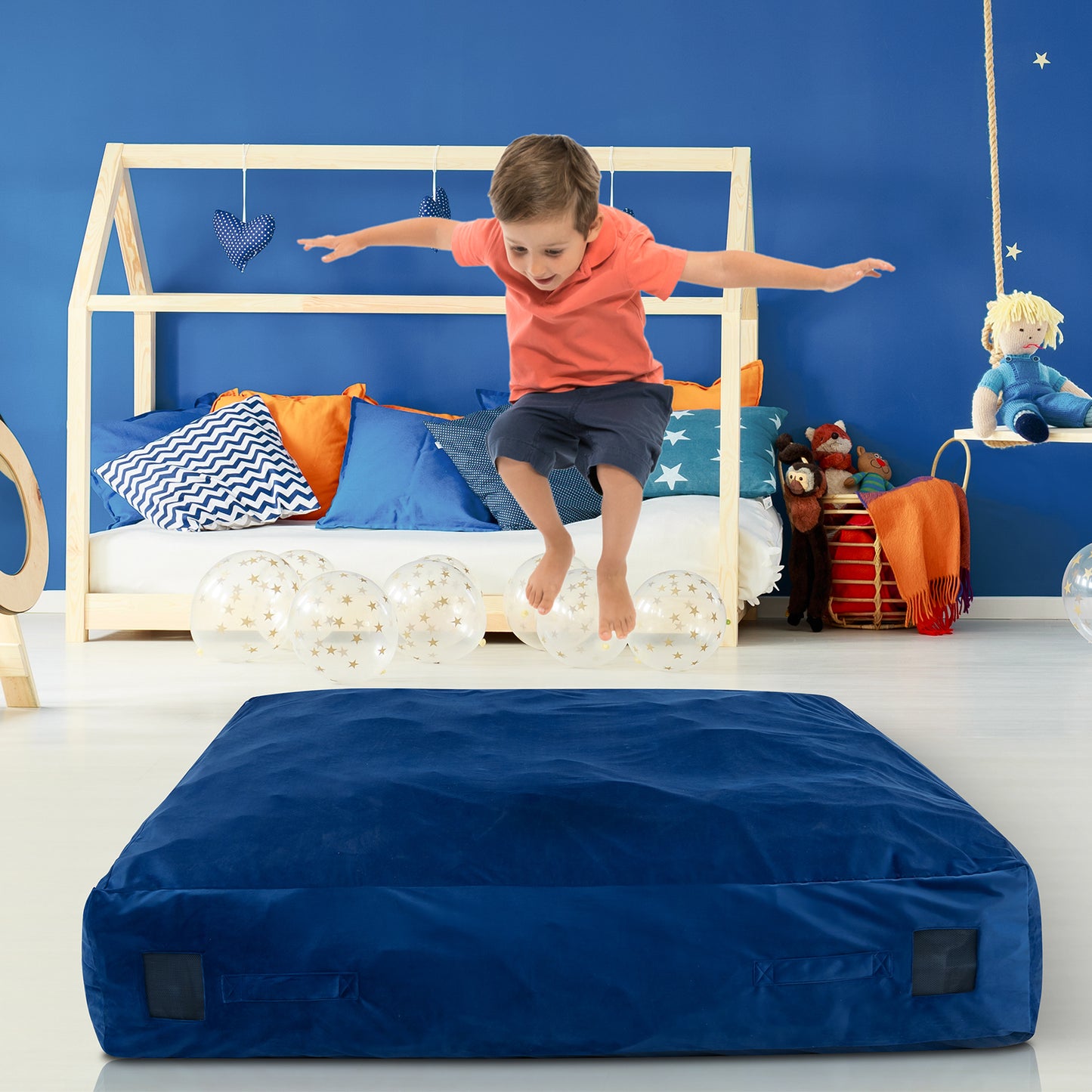 57 x 57 Inch Crash Pad Sensory Mat with Foam Blocks and Washable Velvet Cover-Blue Kids Crystal