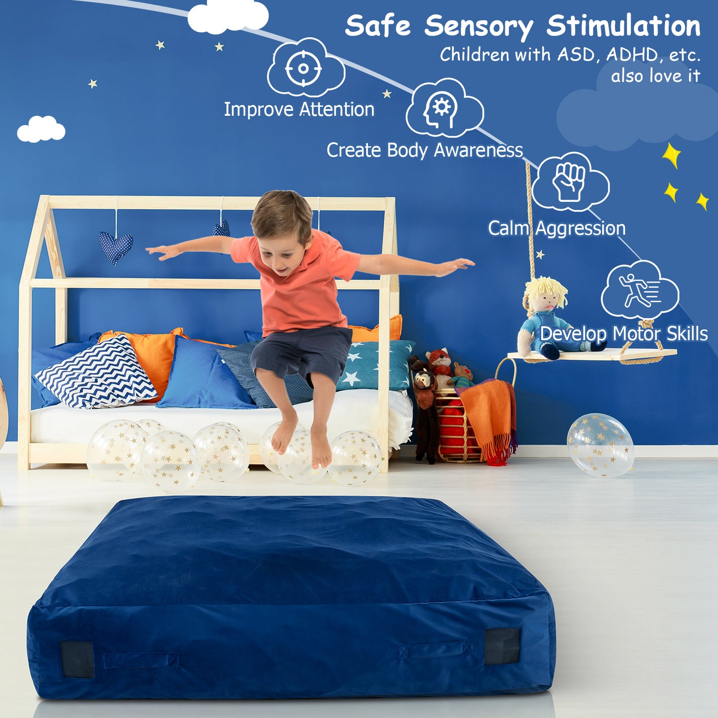 57 x 57 Inch Crash Pad Sensory Mat with Foam Blocks and Washable Velvet Cover-Blue Kids Crystal