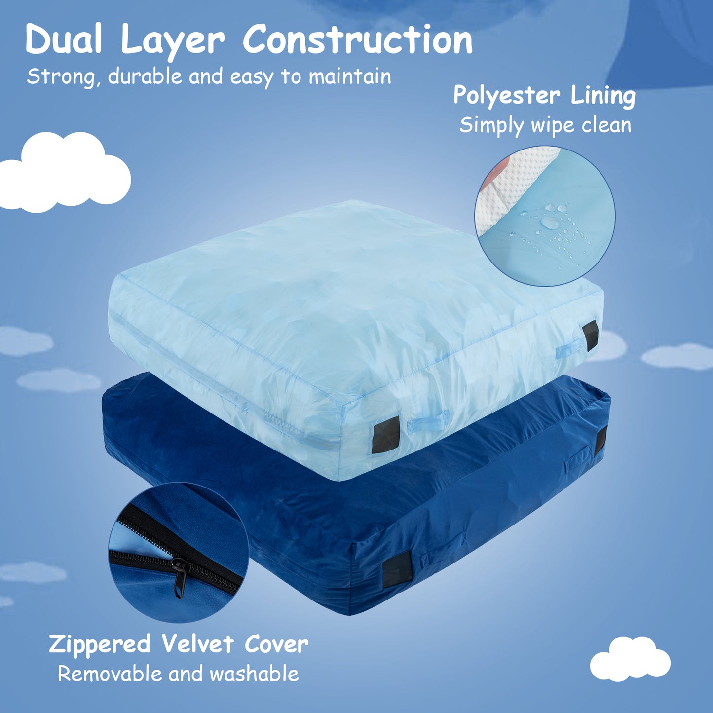 57 x 57 Inch Crash Pad Sensory Mat with Foam Blocks and Washable Velvet Cover-Blue Kids Crystal