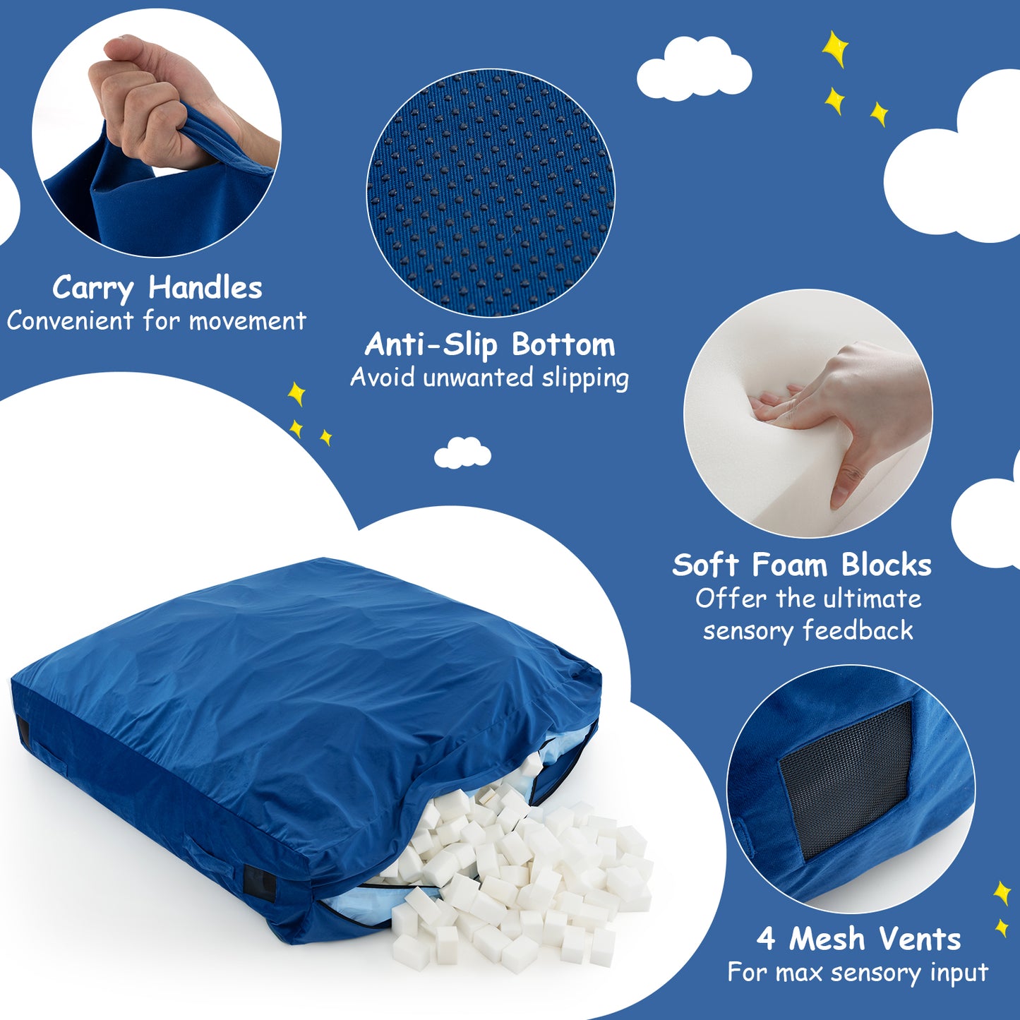 57 x 57 Inch Crash Pad Sensory Mat with Foam Blocks and Washable Velvet Cover-Blue Kids Crystal