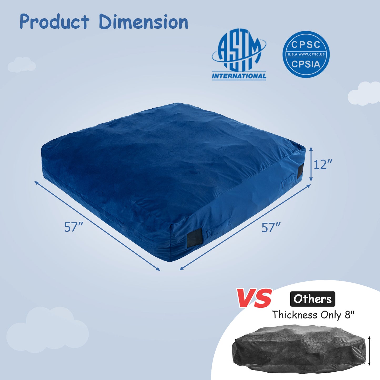 57 x 57 Inch Crash Pad Sensory Mat with Foam Blocks and Washable Velvet Cover-Blue Kids Crystal