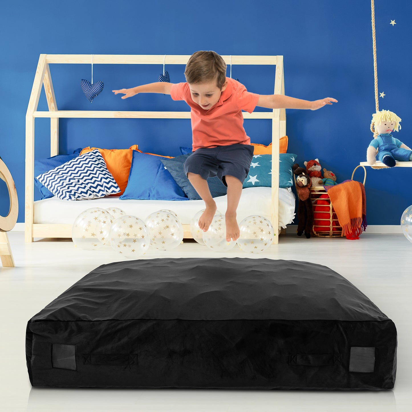 57 x 57 Inch Crash Pad Sensory Mat with Foam Blocks and Washable Velvet Cover-Black Kids Crystal