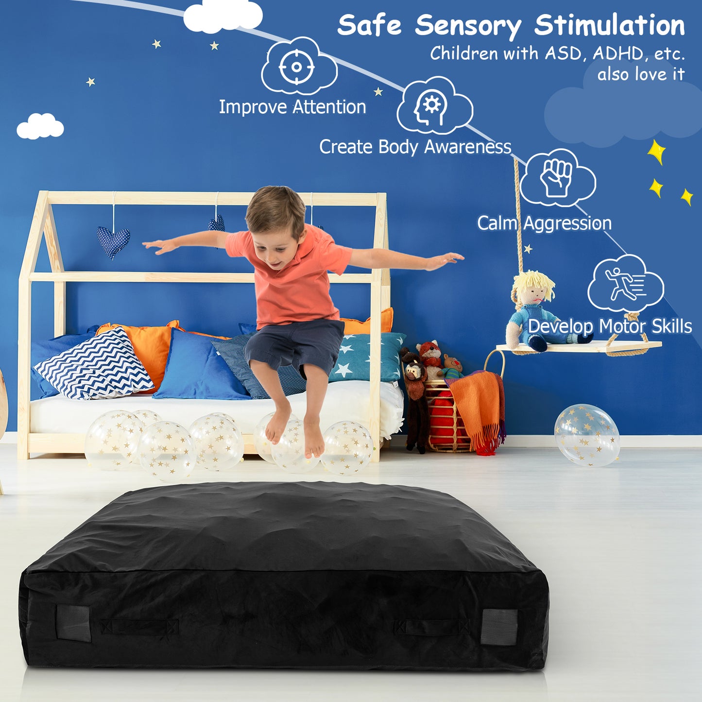 57 x 57 Inch Crash Pad Sensory Mat with Foam Blocks and Washable Velvet Cover-Black Kids Crystal