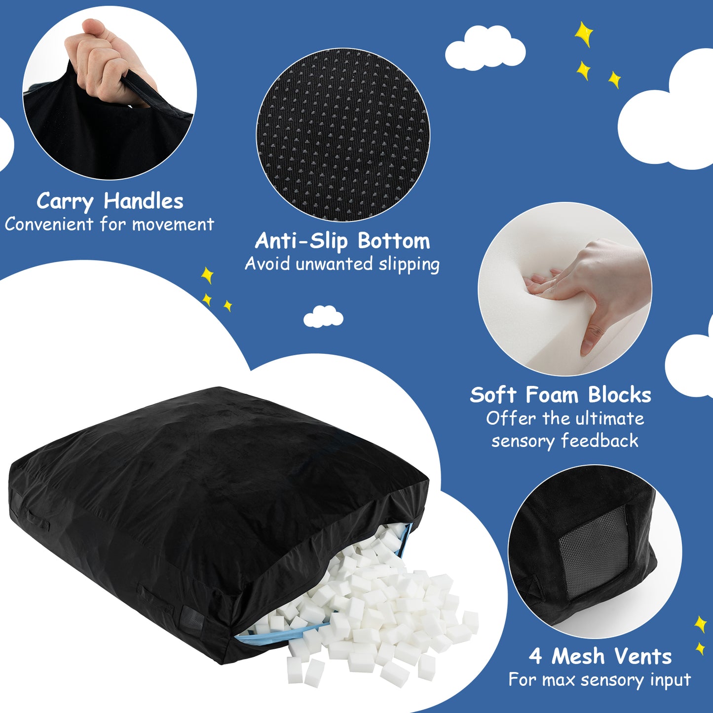 57 x 57 Inch Crash Pad Sensory Mat with Foam Blocks and Washable Velvet Cover-Black Kids Crystal