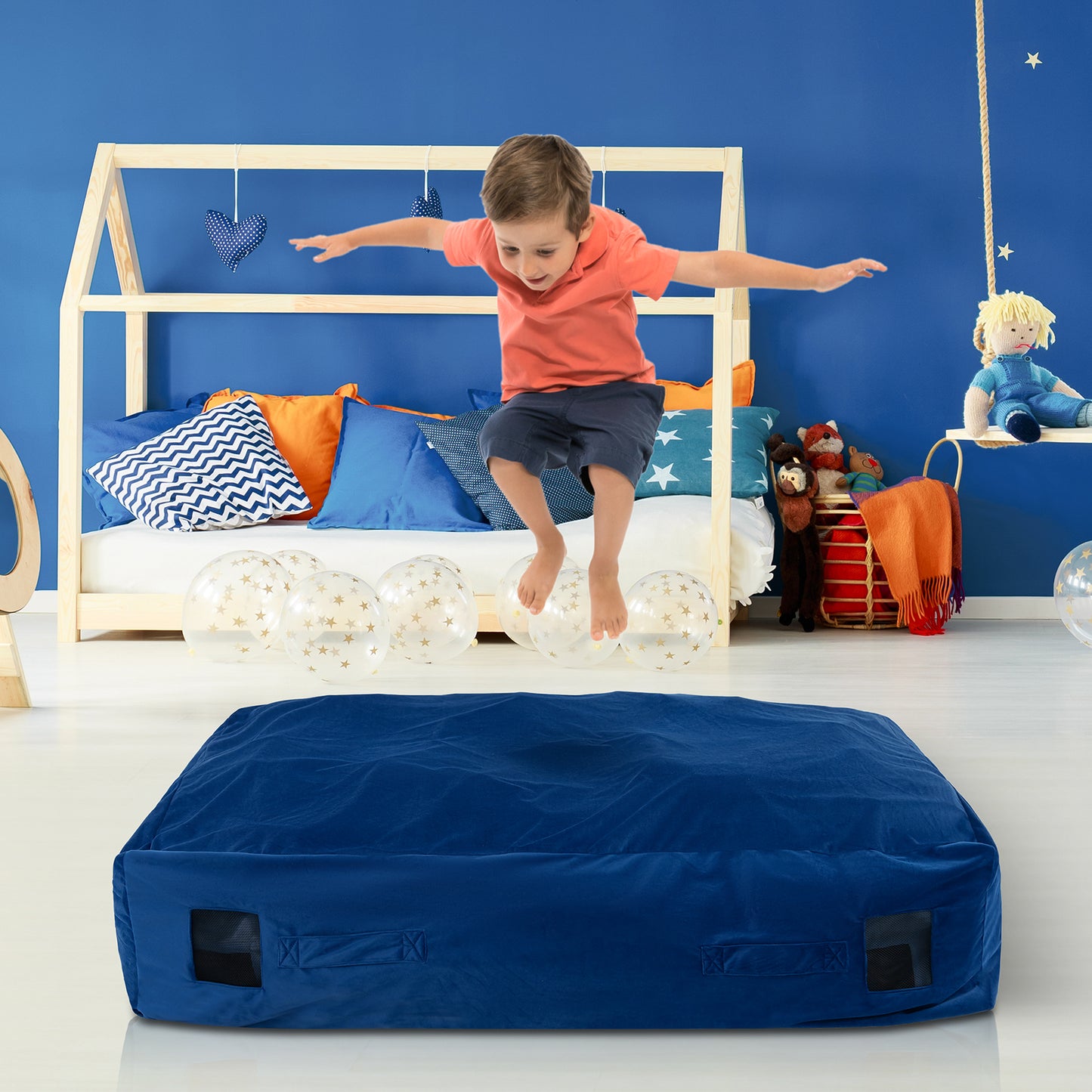 47 x 35.5 Inch Crash Pad Sensory Mat with Foam Blocks and Washable Cover-Blue Kids Crystal