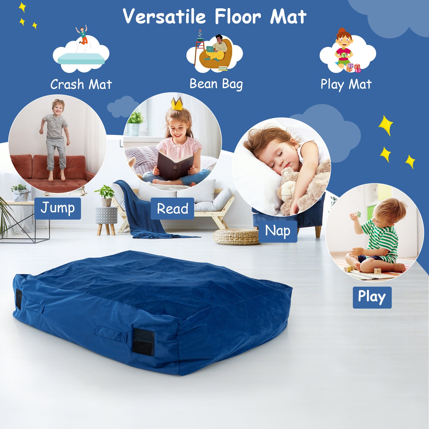 47 x 35.5 Inch Crash Pad Sensory Mat with Foam Blocks and Washable Cover-Blue Kids Crystal