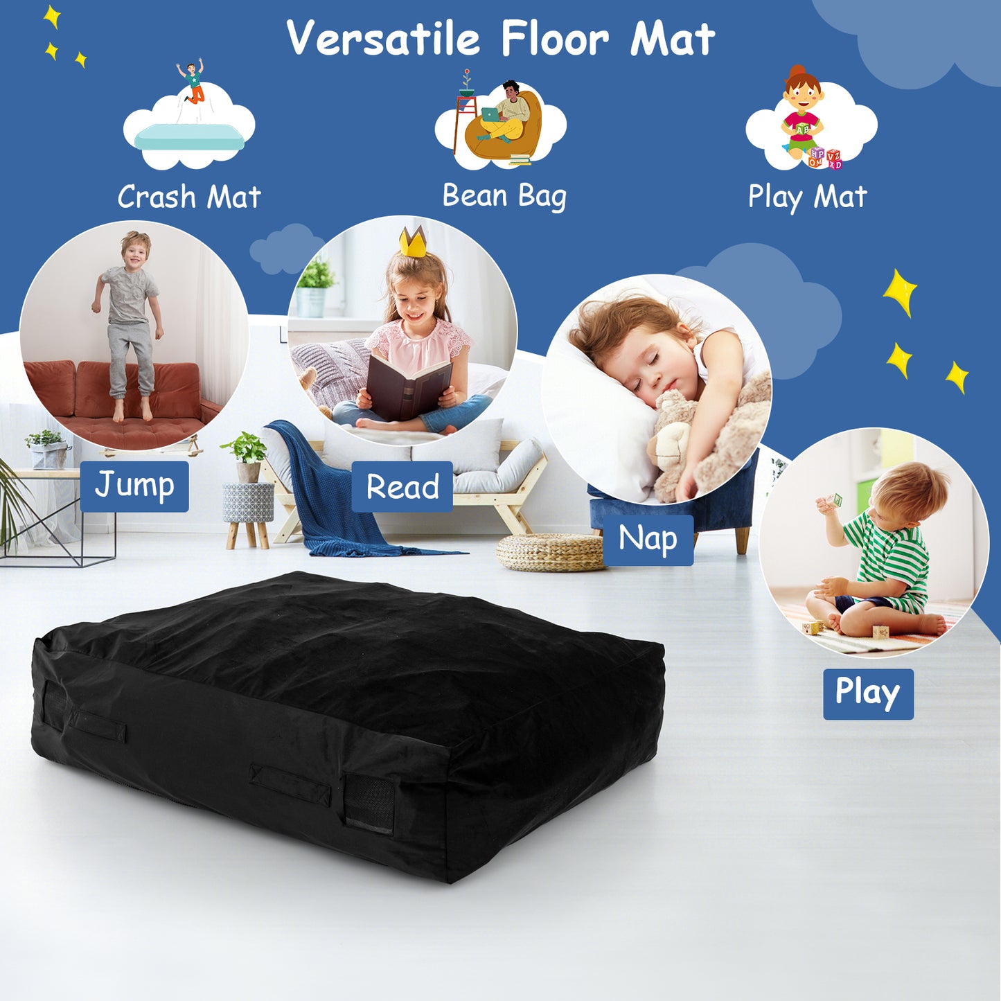 47 x 35.5 Inch Crash Pad Sensory Mat with Foam Blocks and Washable Cover-Black Kids Crystal
