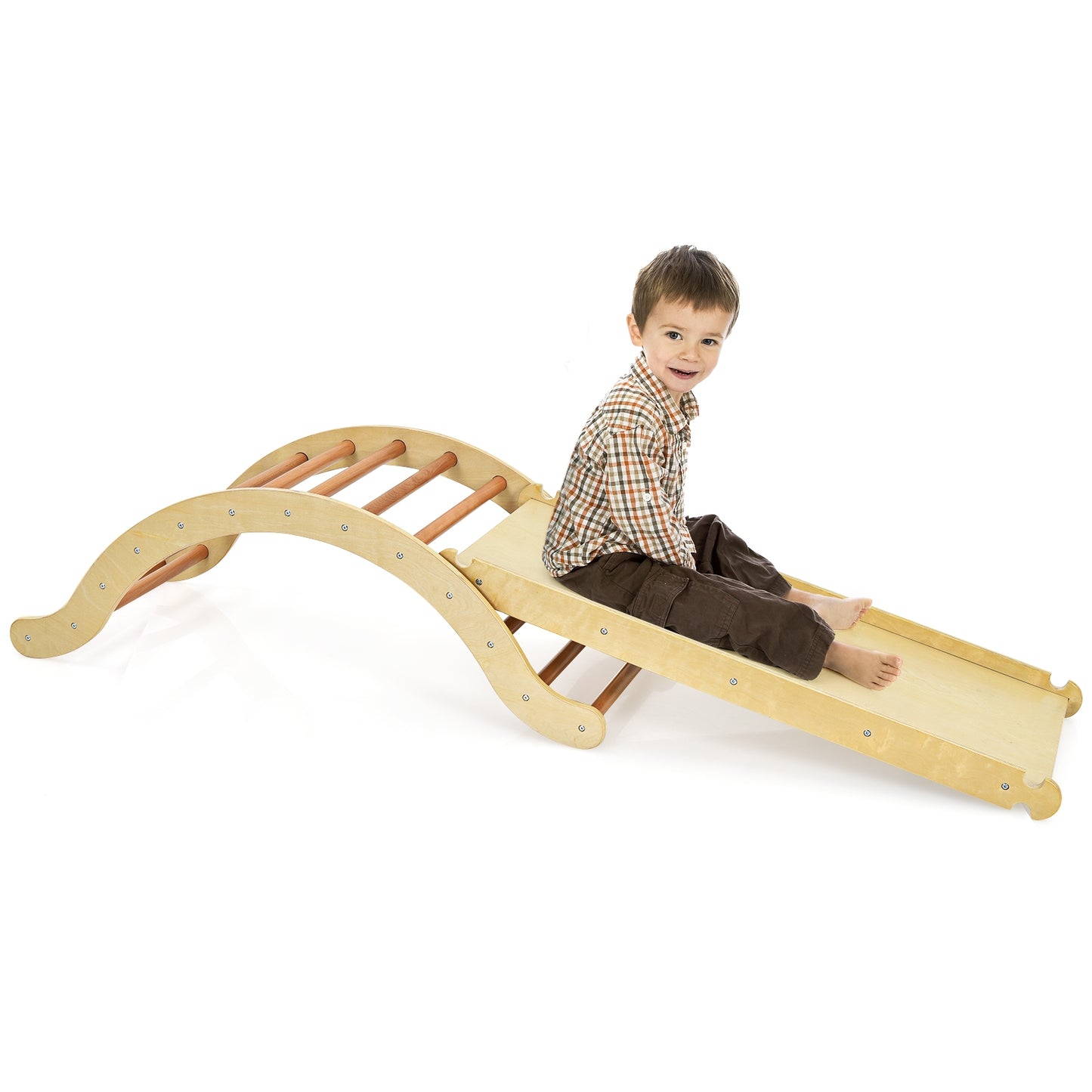 3-in-1 Kids Climber Set Wooden Arch Triangle Rocker with Ramp and Mat-Natural Kids Crystal