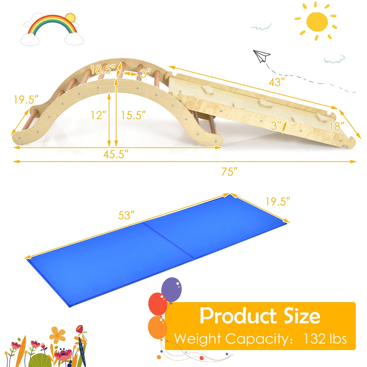 3-in-1 Kids Climber Set Wooden Arch Triangle Rocker with Ramp and Mat-Natural Kids Crystal