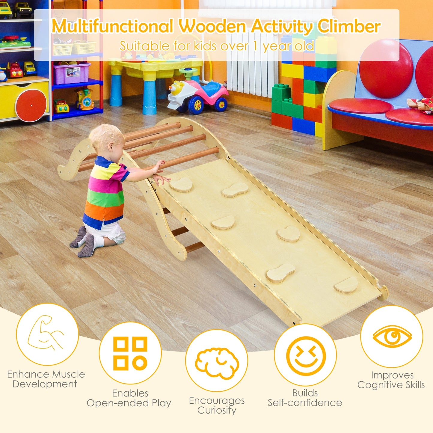 3-in-1 Kids Climber Set Wooden Arch Triangle Rocker with Ramp and Mat-Natural Kids Crystal