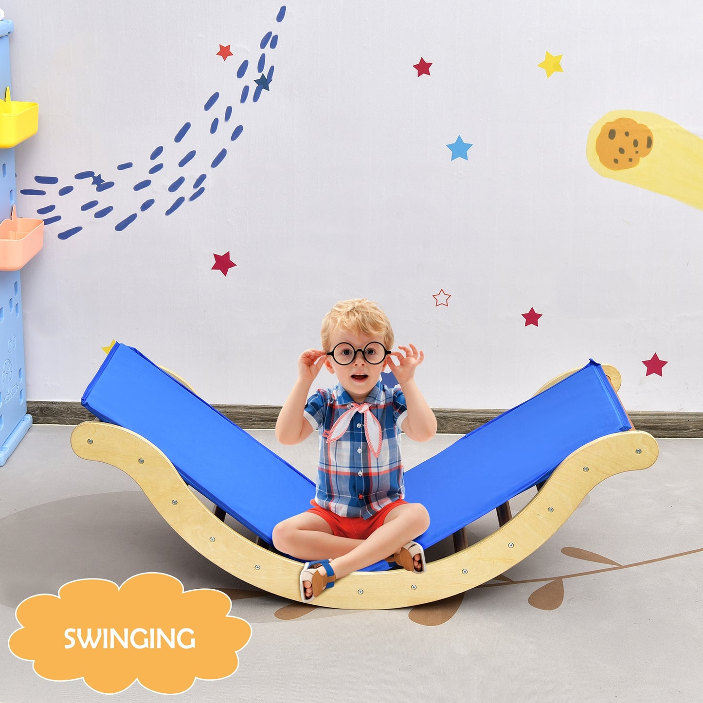 3-in-1 Kids Climber Set Wooden Arch Triangle Rocker with Ramp and Mat-Natural Kids Crystal