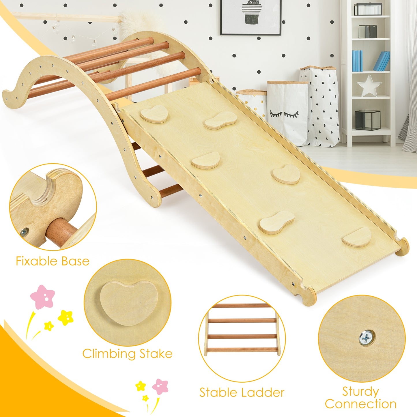 3-in-1 Kids Climber Set Wooden Arch Triangle Rocker with Ramp and Mat-Natural Kids Crystal