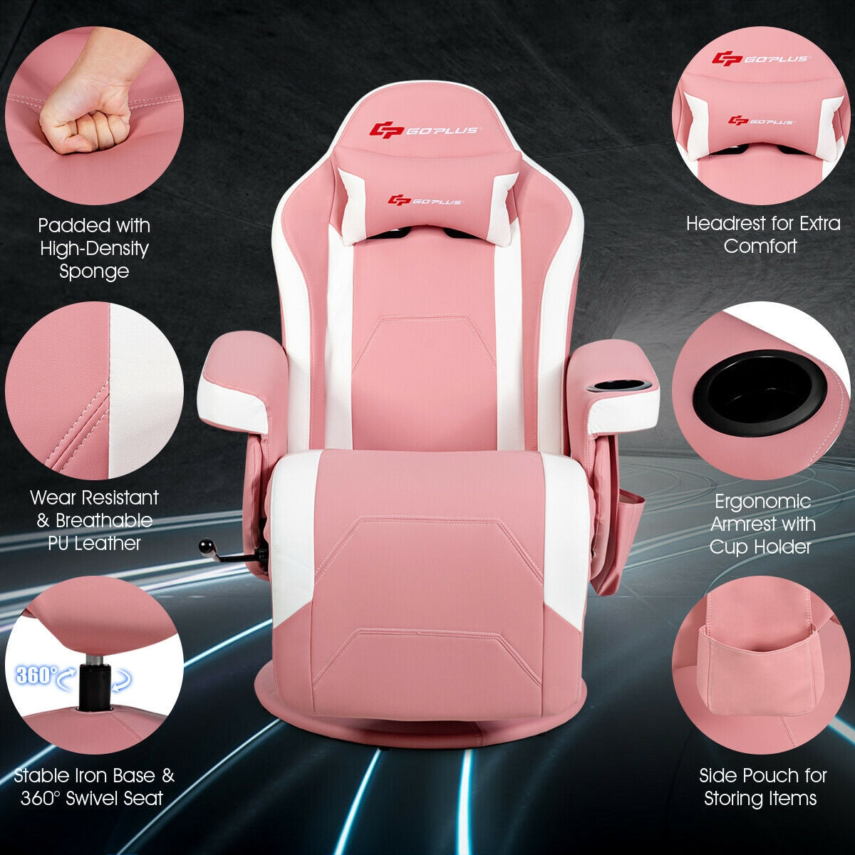 Ergonomic High Back Massage Gaming Chair with Pillow-Pink Kids Crystal