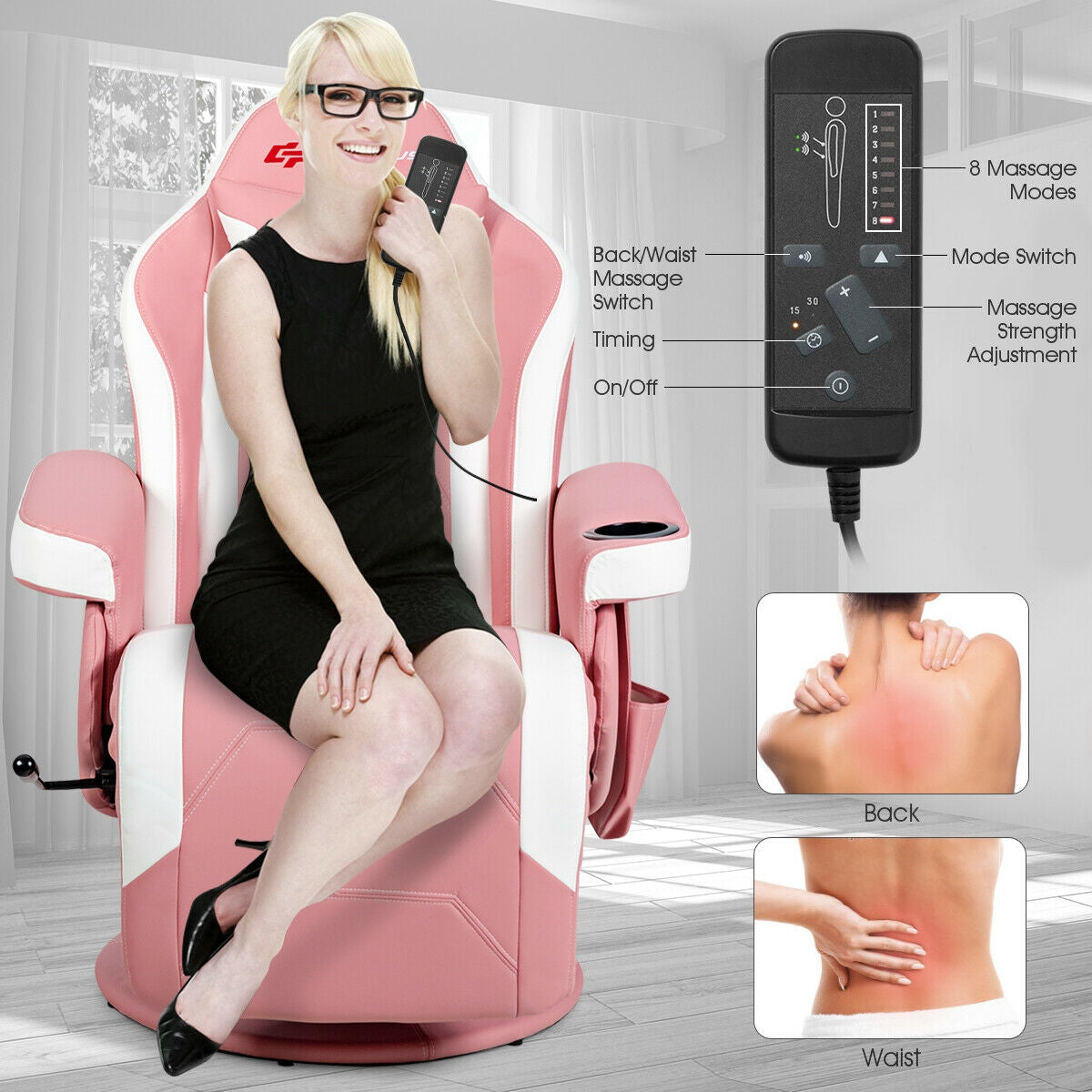 Ergonomic High Back Massage Gaming Chair with Pillow-Pink Kids Crystal