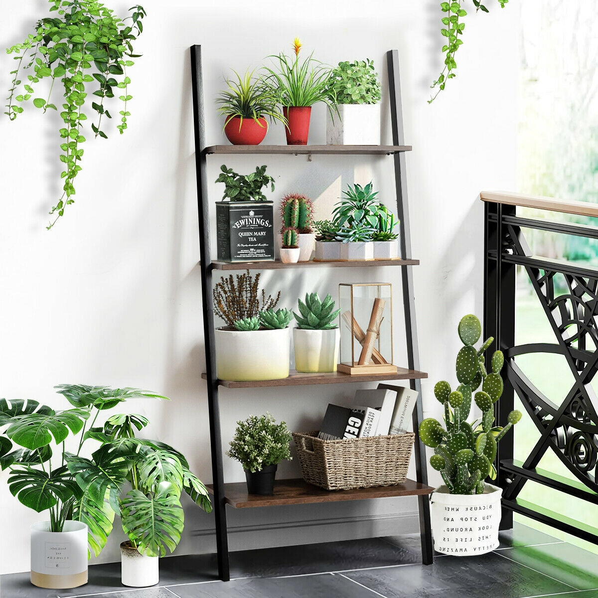 Multipurpose 4-Tier Industrial Leaning Wall Bookcase with Metal Frame-Brown Kids Crystal