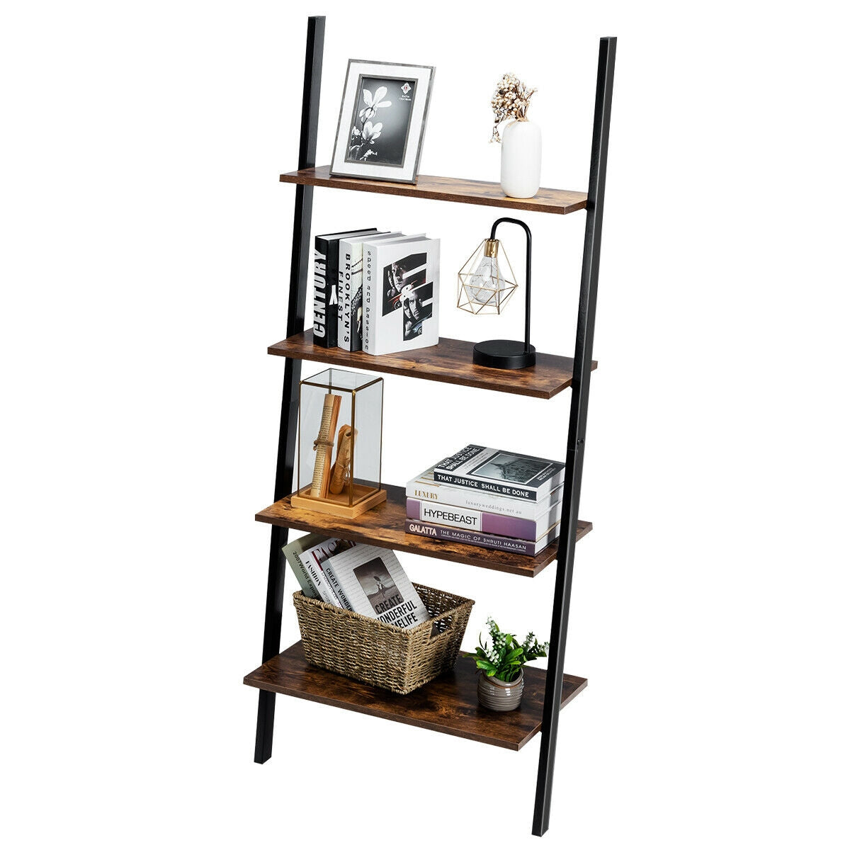 Multipurpose 4-Tier Industrial Leaning Wall Bookcase with Metal Frame-Brown Kids Crystal