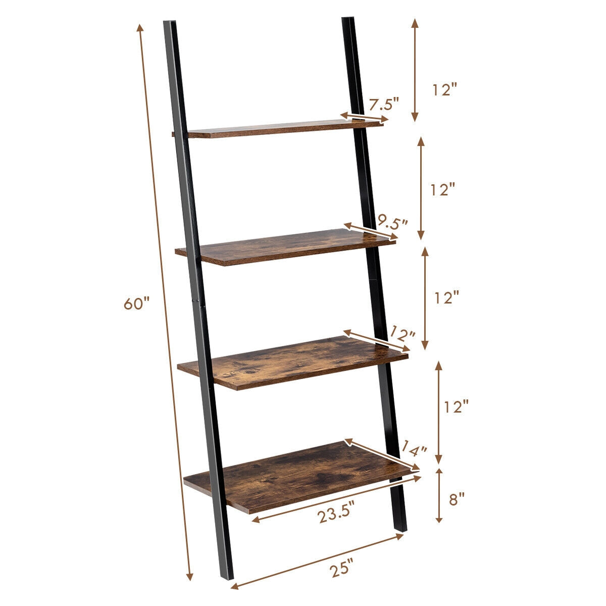Multipurpose 4-Tier Industrial Leaning Wall Bookcase with Metal Frame-Brown Kids Crystal