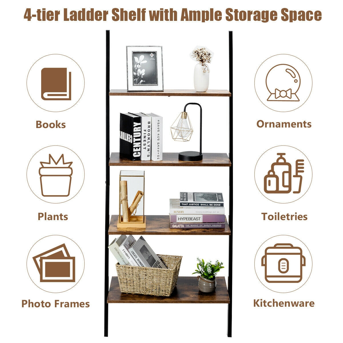 Multipurpose 4-Tier Industrial Leaning Wall Bookcase with Metal Frame-Brown Kids Crystal