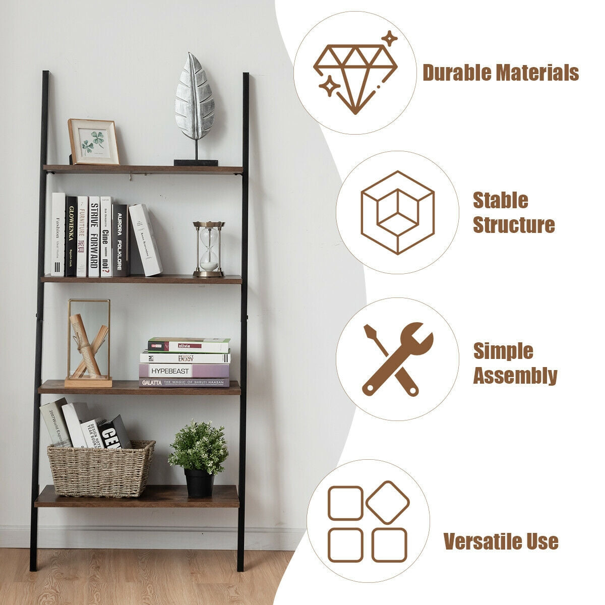 Multipurpose 4-Tier Industrial Leaning Wall Bookcase with Metal Frame-Brown Kids Crystal
