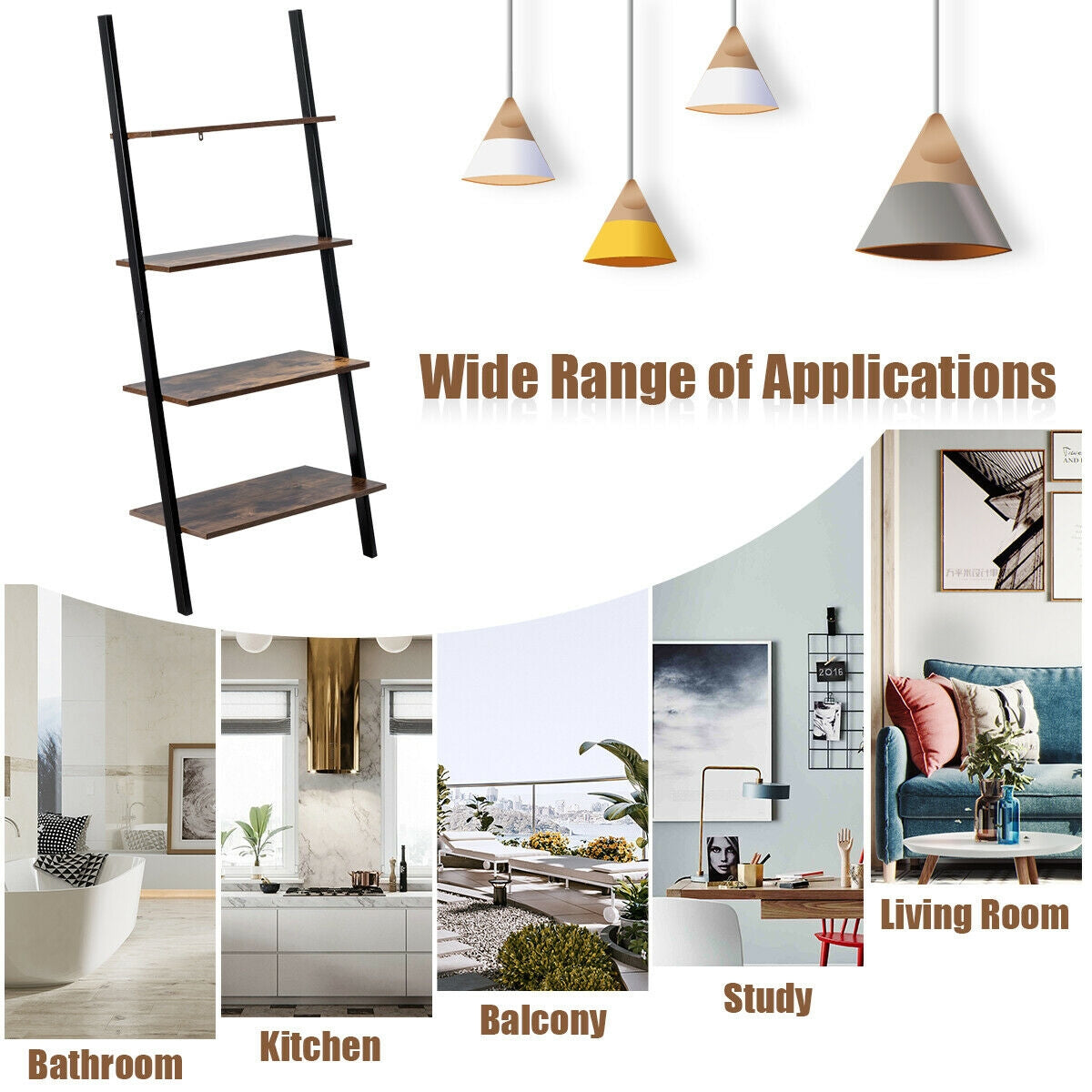 Multipurpose 4-Tier Industrial Leaning Wall Bookcase with Metal Frame-Brown Kids Crystal