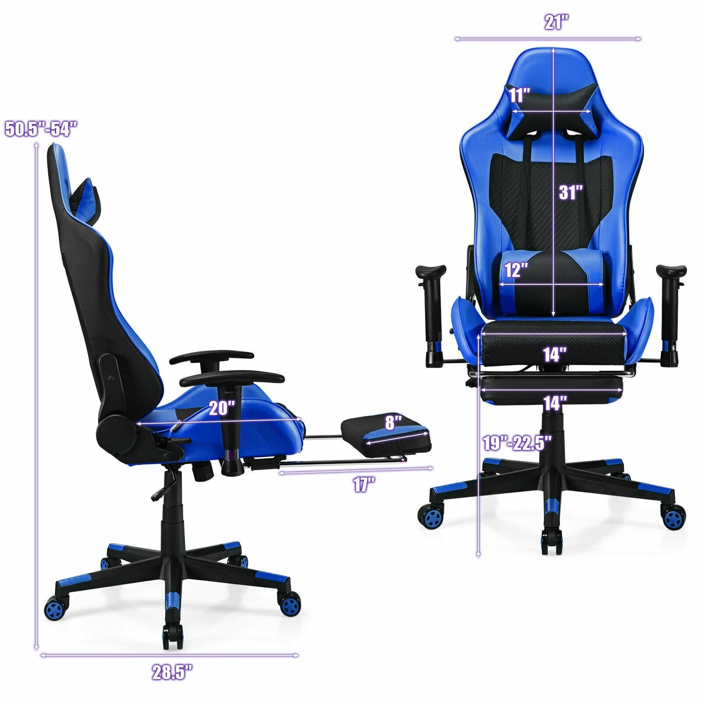 PU Leather Gaming Chair with USB Massage Lumbar Pillow and Footrest-Blue Kids Crystal