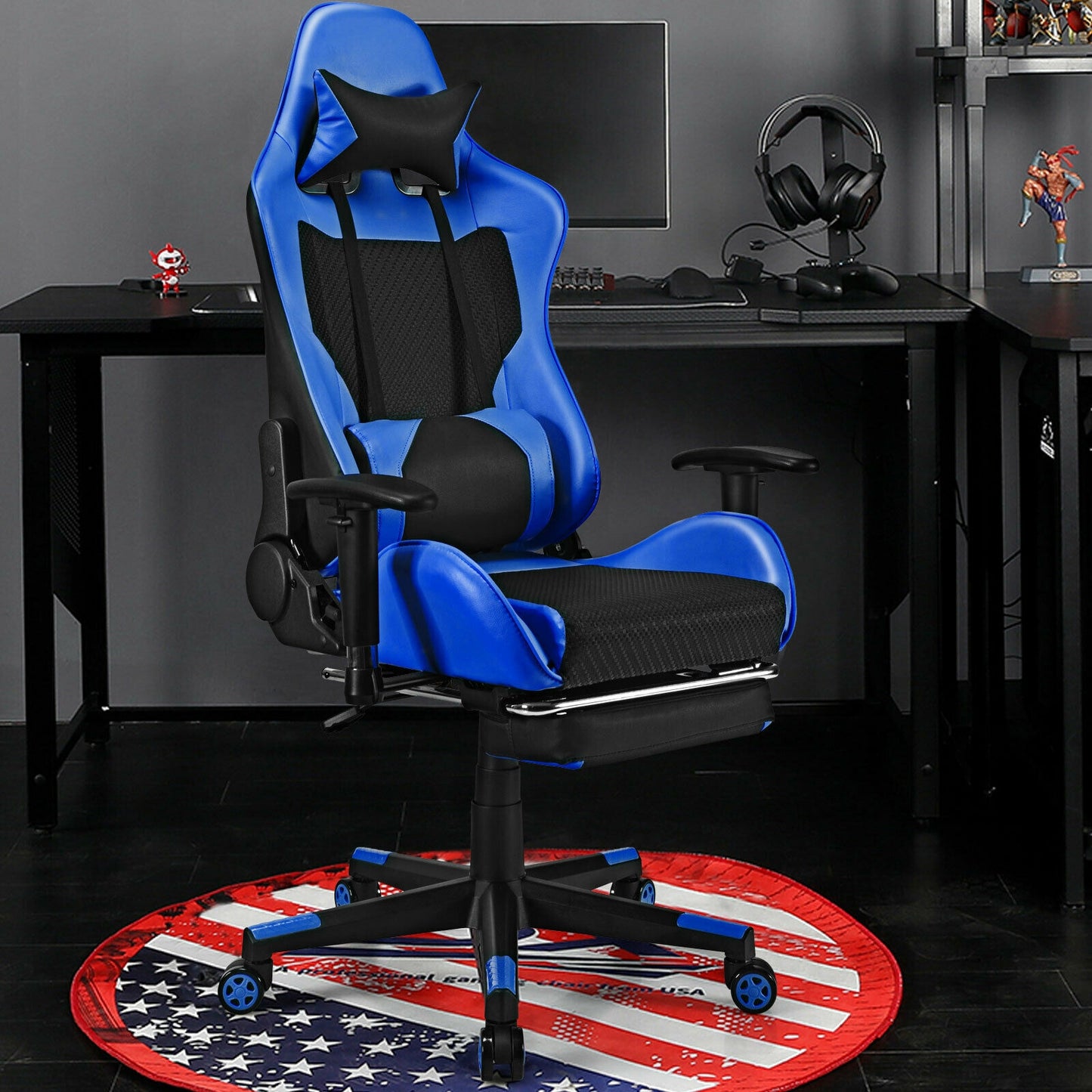 PU Leather Gaming Chair with USB Massage Lumbar Pillow and Footrest-Blue Kids Crystal