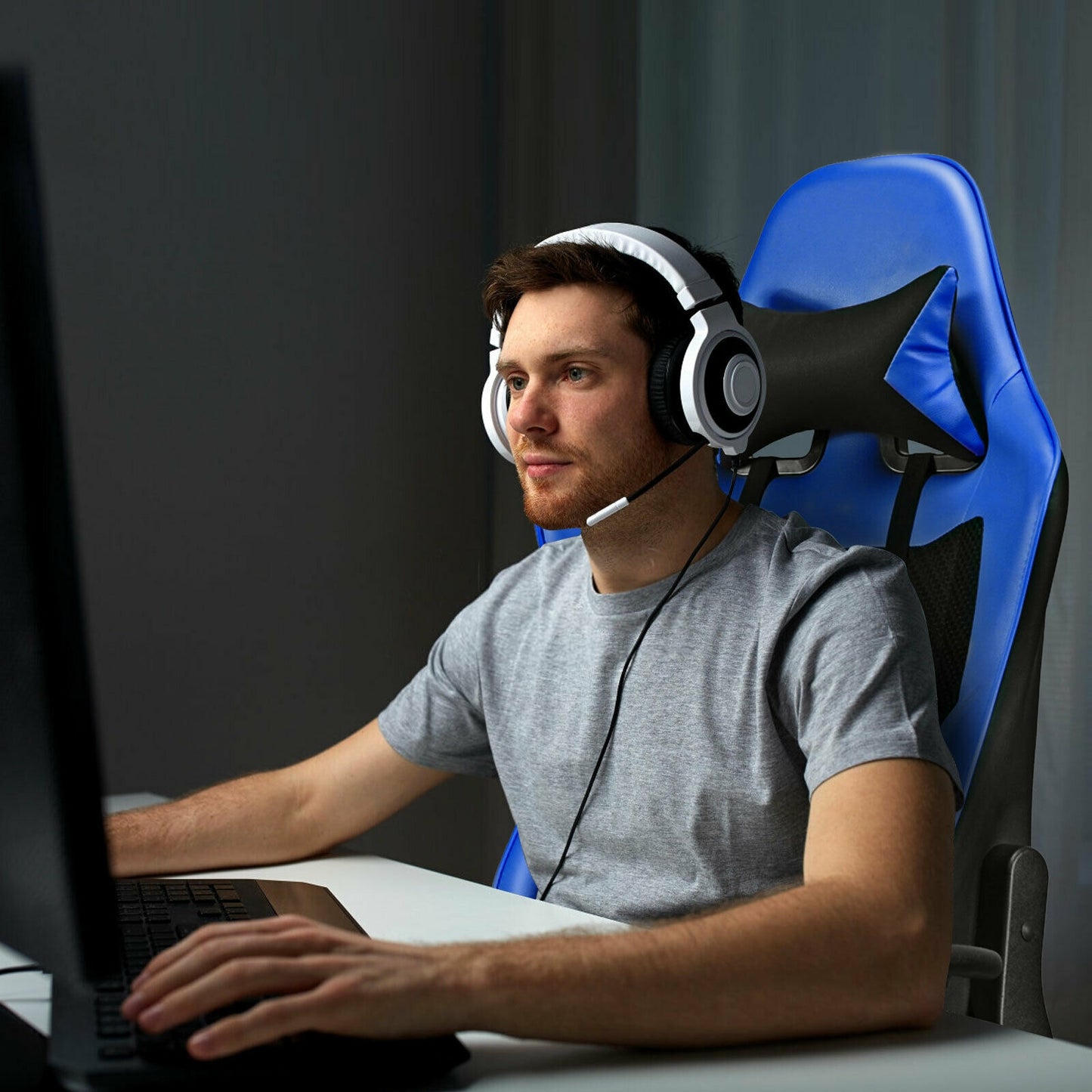 PU Leather Gaming Chair with USB Massage Lumbar Pillow and Footrest-Blue Kids Crystal
