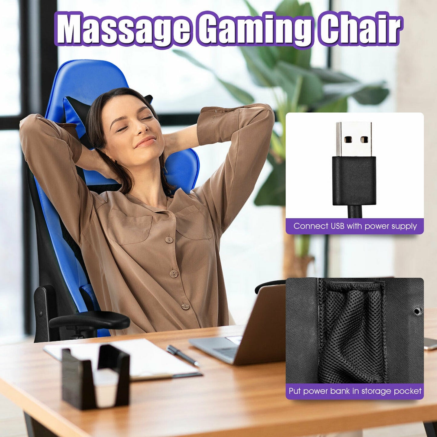 PU Leather Gaming Chair with USB Massage Lumbar Pillow and Footrest-Blue Kids Crystal