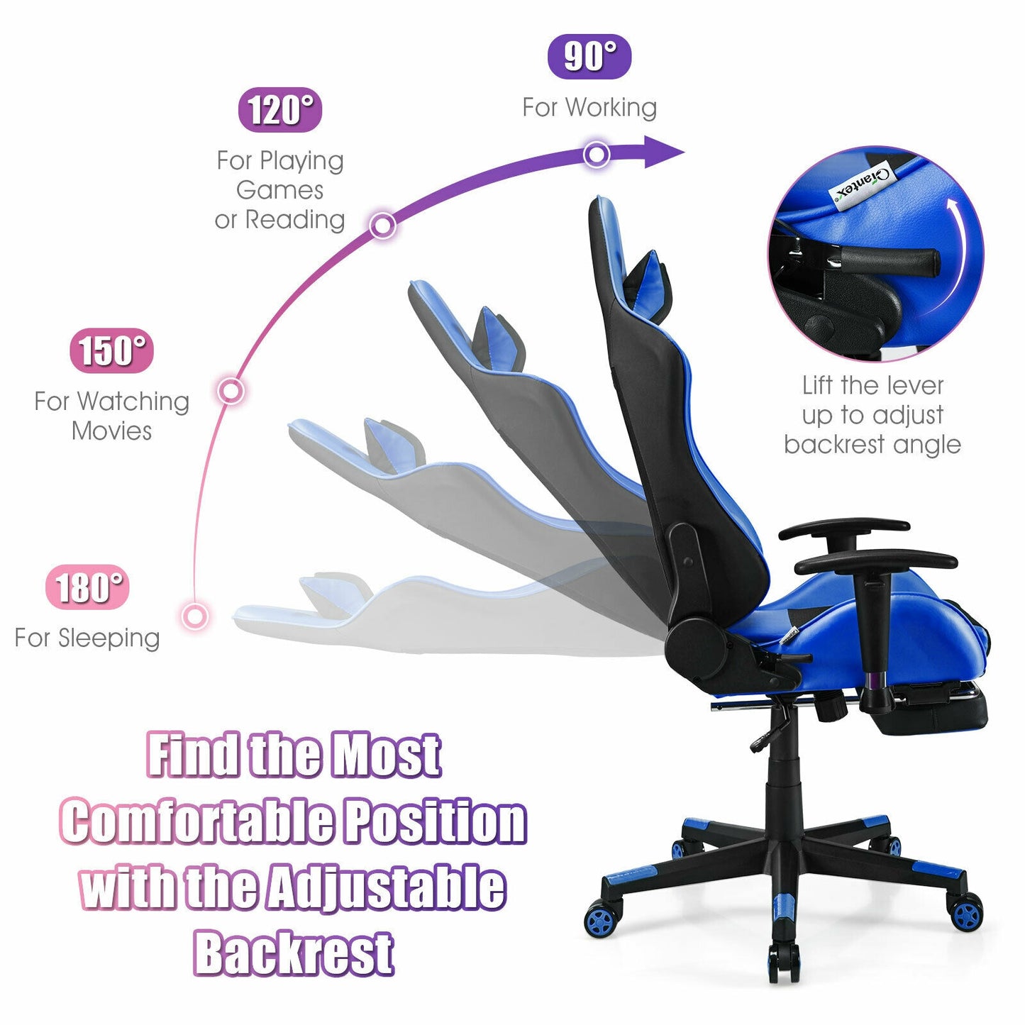 PU Leather Gaming Chair with USB Massage Lumbar Pillow and Footrest-Blue Kids Crystal