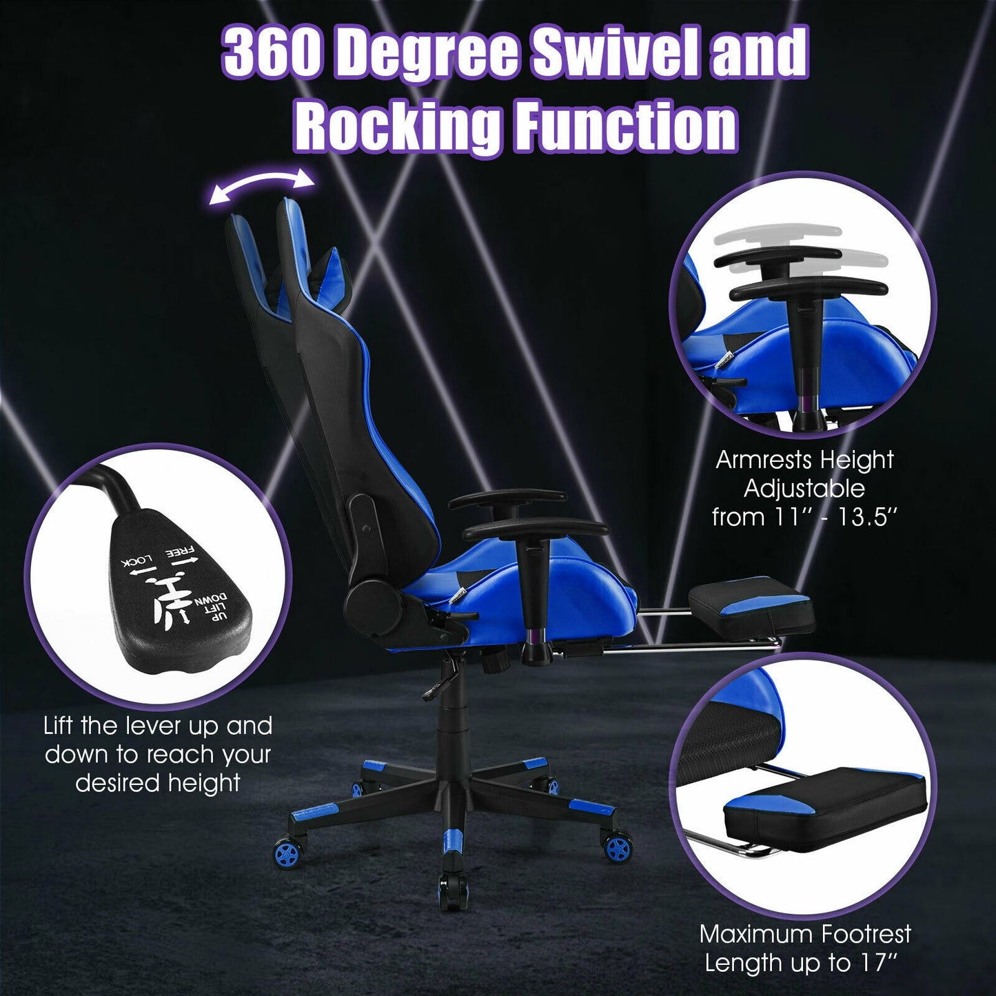 PU Leather Gaming Chair with USB Massage Lumbar Pillow and Footrest-Blue Kids Crystal