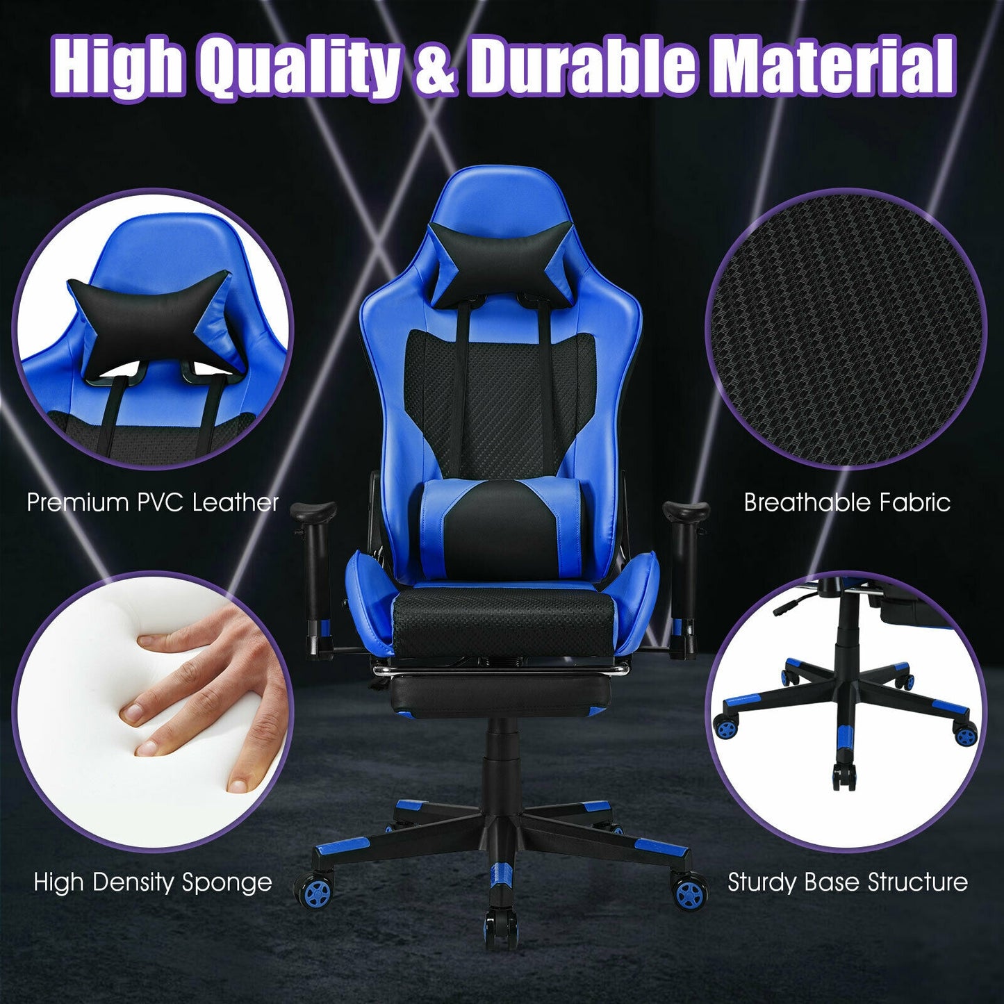 PU Leather Gaming Chair with USB Massage Lumbar Pillow and Footrest-Blue Kids Crystal