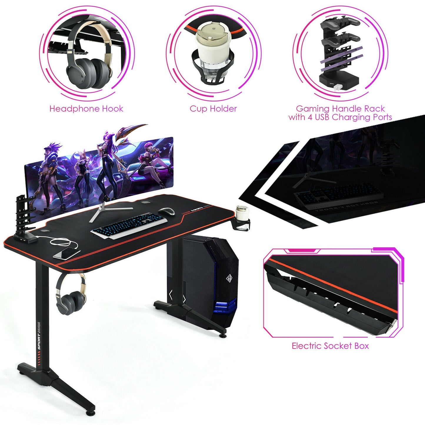 55 Inch Gaming Desk with Free Mouse Pad with Carbon Fiber Surface Kids Crystal