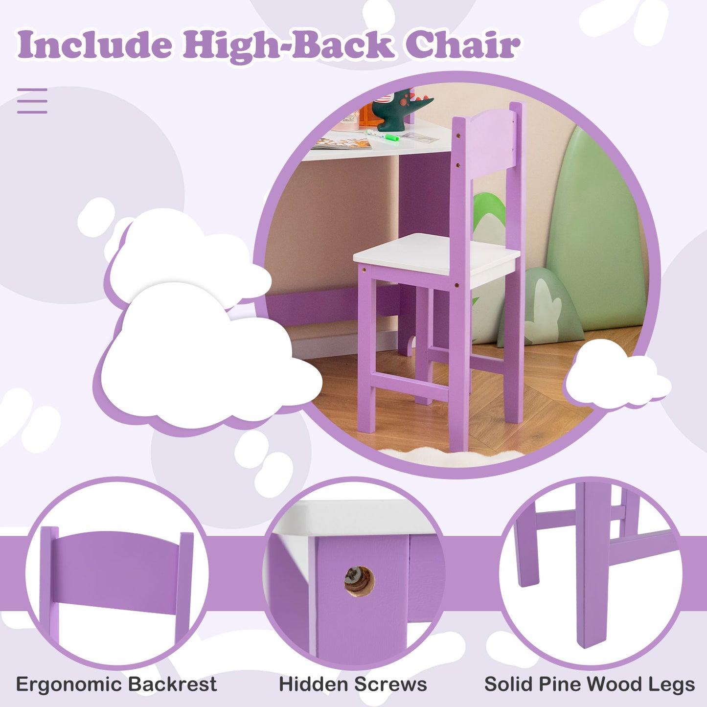 Kids Table and Chair Set for Arts Crafts Homework Home School-Purple Kids Crystal