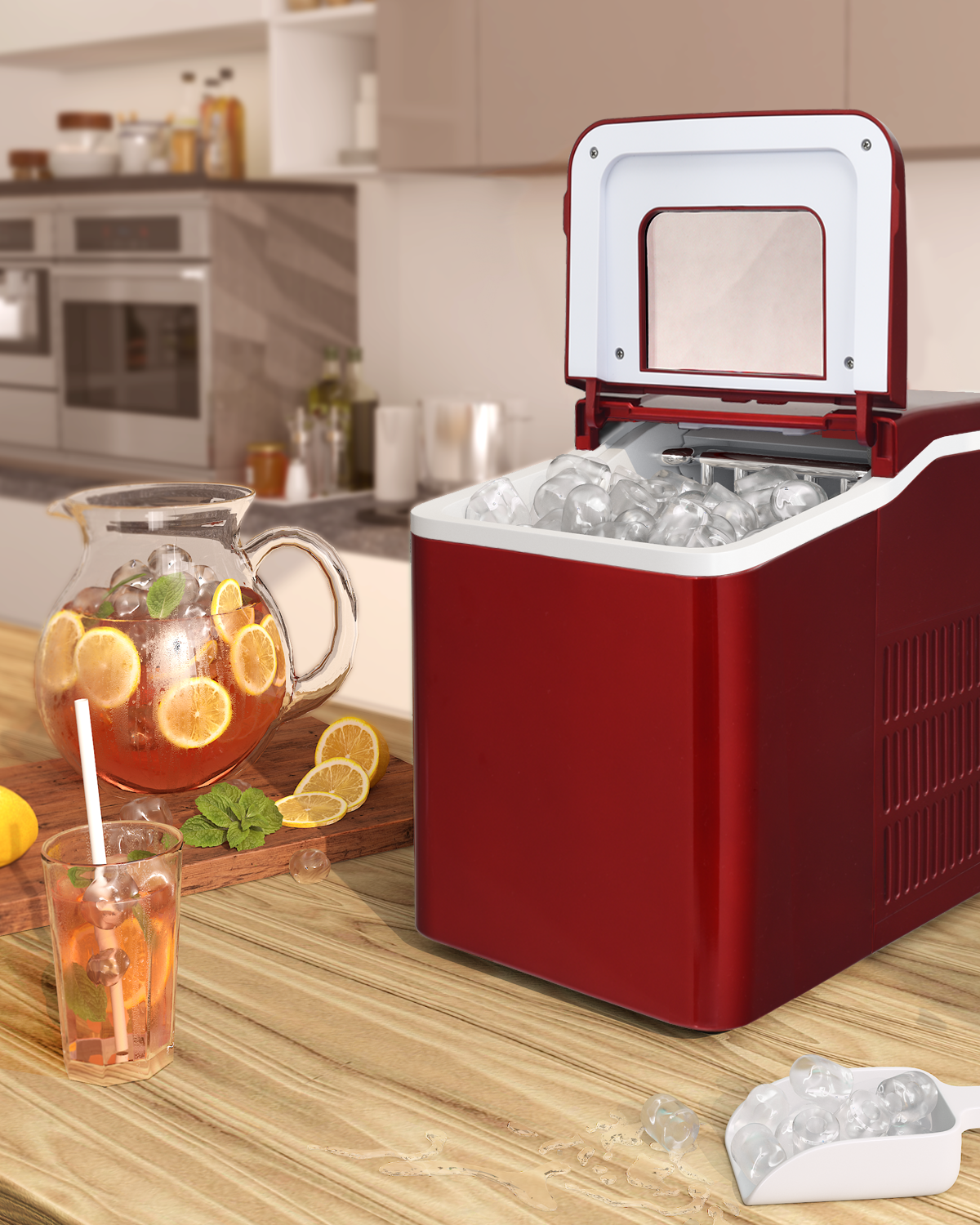 26lbs/24h Portable Countertop Ice Maker Machine with Scoop 9 Ice Cubes Ready in 8 minutes-Red Kids Crystal