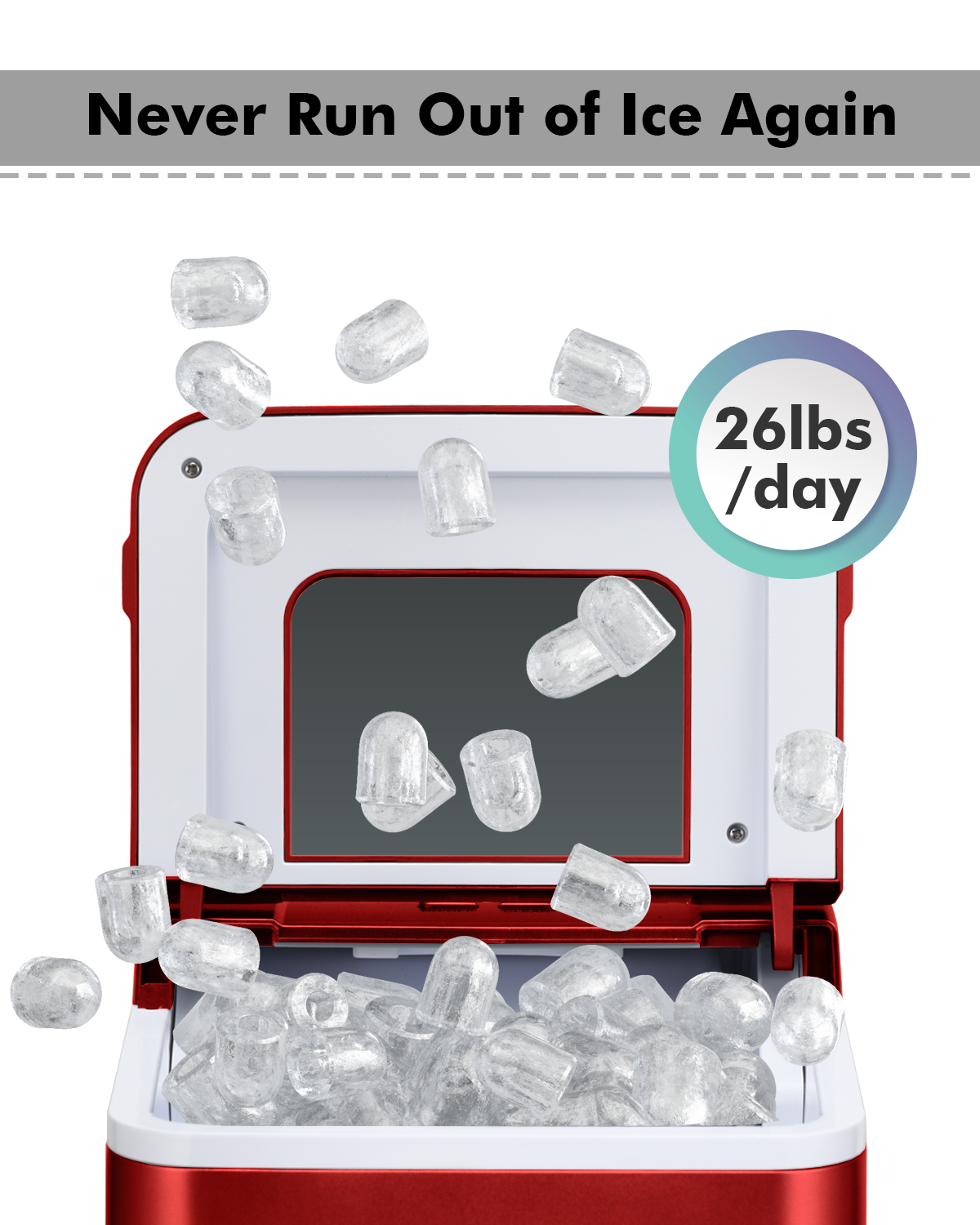26lbs/24h Portable Countertop Ice Maker Machine with Scoop 9 Ice Cubes Ready in 8 minutes-Red Kids Crystal
