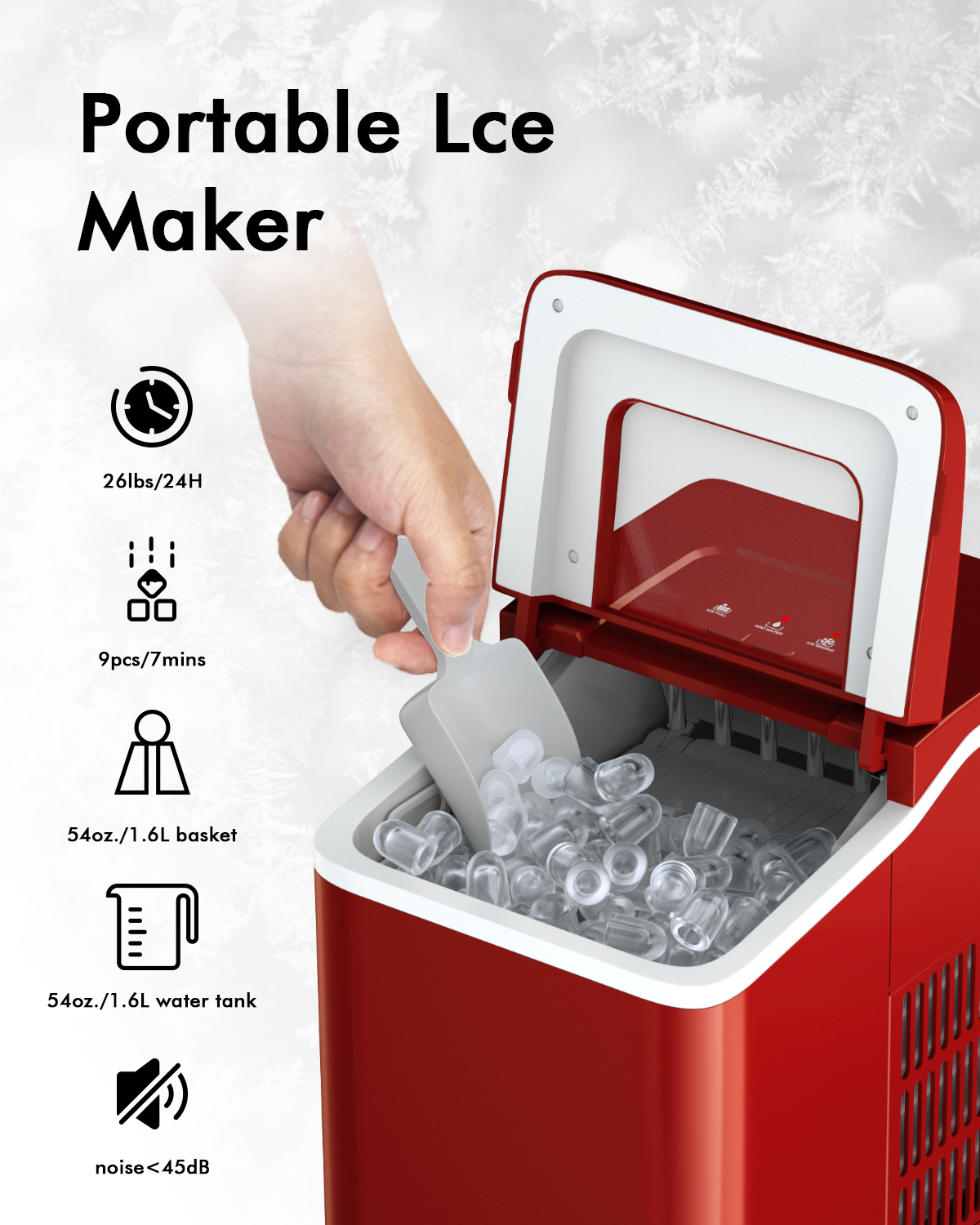 26lbs/24h Portable Countertop Ice Maker Machine with Scoop 9 Ice Cubes Ready in 8 minutes-Red Kids Crystal