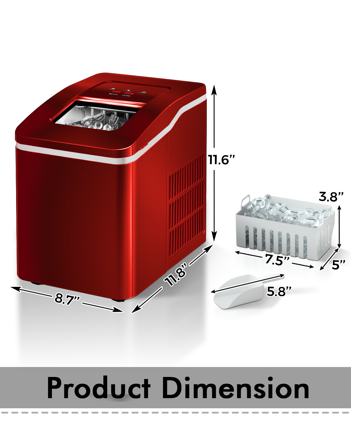26lbs/24h Portable Countertop Ice Maker Machine with Scoop 9 Ice Cubes Ready in 8 minutes-Red Kids Crystal