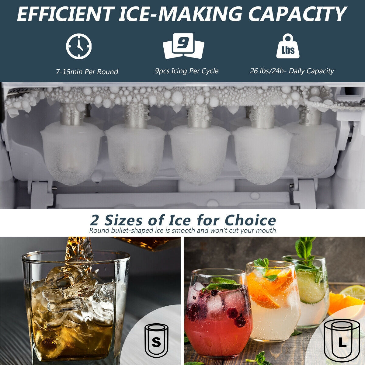 Stainless Steel 26 lbs/24 H Self-Clean Countertop Ice Maker Machine Kids Crystal