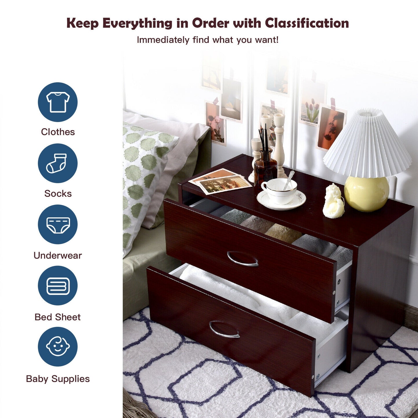 2-Drawer Dresser Horiztonal Organizer End Table Nightstand with Handle Wood-Brown Kids Crystal