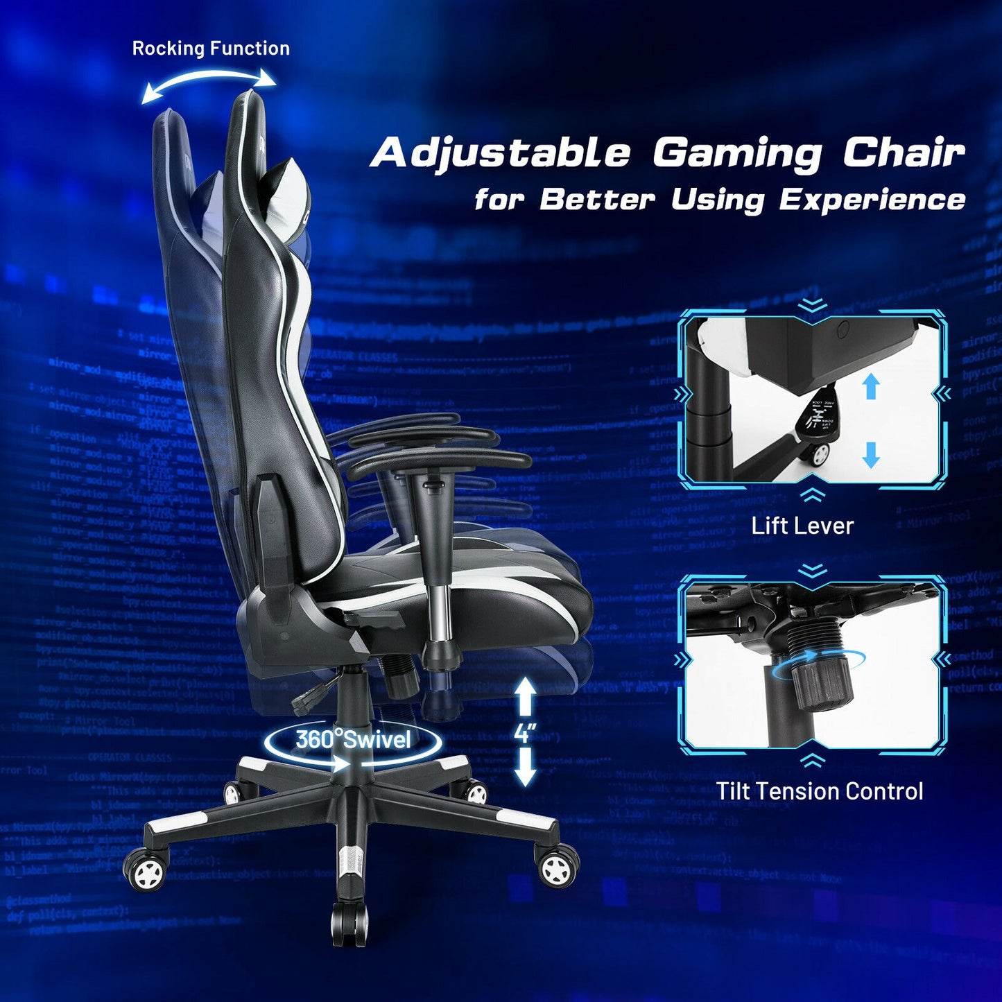 Gaming Chair Adjustable Swivel Racing Style Computer Office Chair-White Kids Crystal