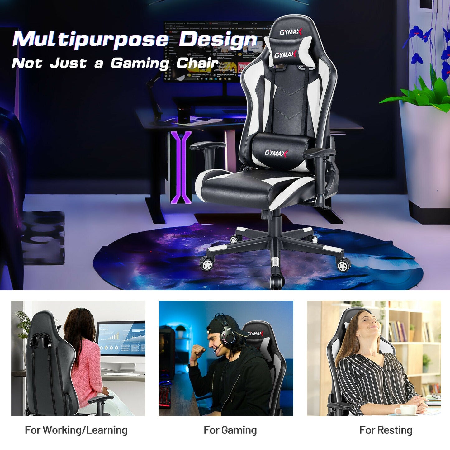 Gaming Chair Adjustable Swivel Racing Style Computer Office Chair-White Kids Crystal