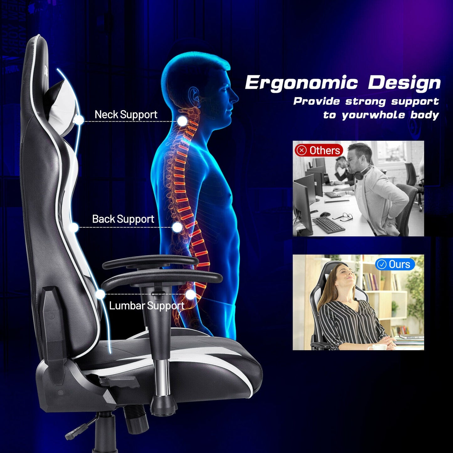Gaming Chair Adjustable Swivel Racing Style Computer Office Chair-White Kids Crystal