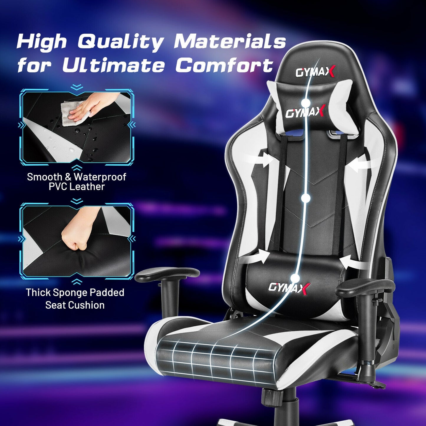 Gaming Chair Adjustable Swivel Racing Style Computer Office Chair-White Kids Crystal