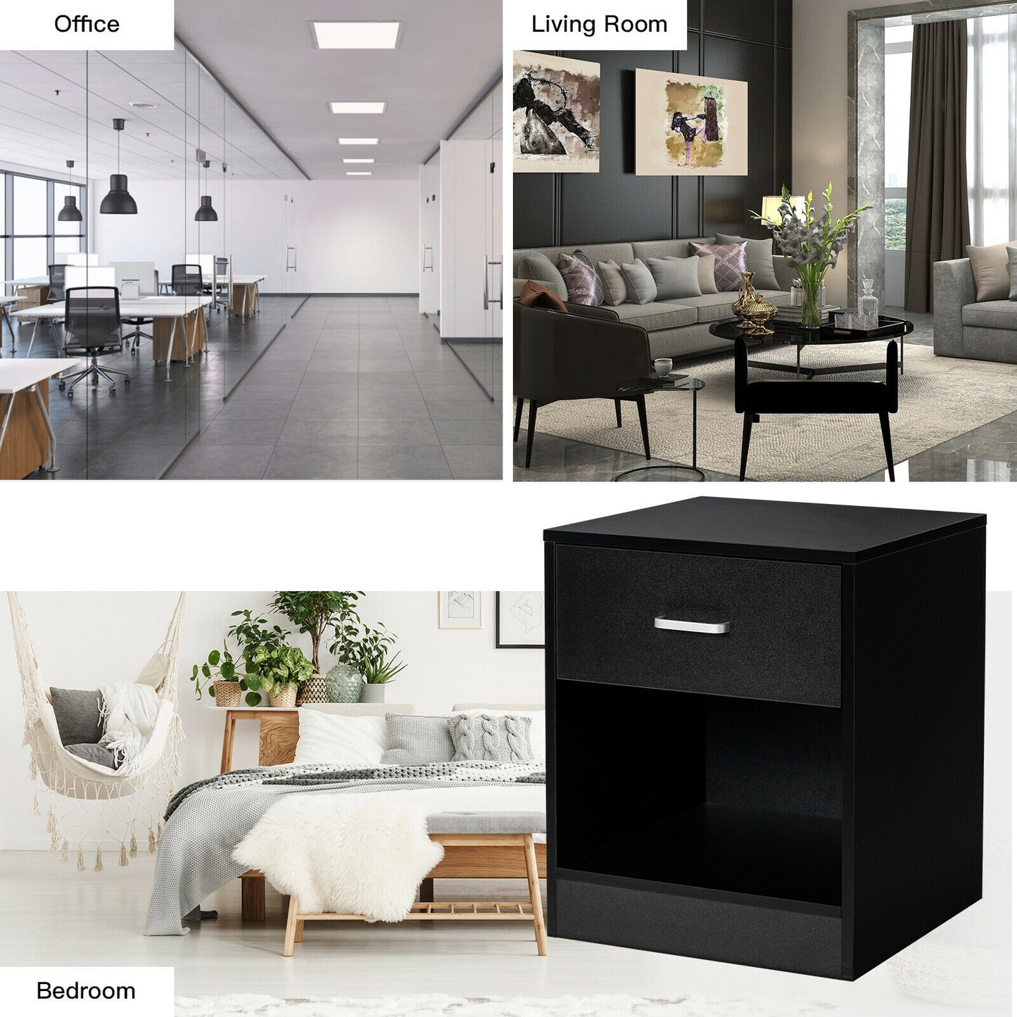 Modern Nightstand with Storage Drawer and Cabinet-Black Kids Crystal