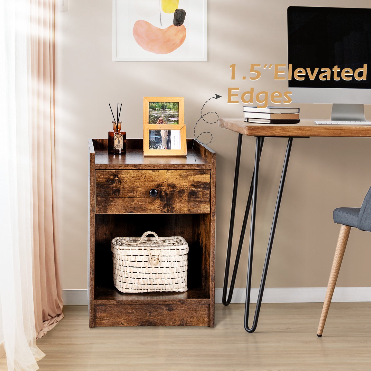 Set of 2 Nightstand with Drawer Cabinet End Side Table Raised Top-Brown Kids Crystal