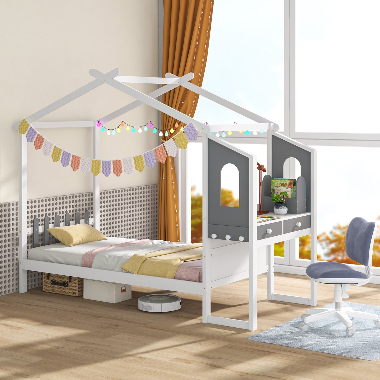 Twin/Full Bed Frame with House Roof Canopy and Fence for Kids-Twin Size Kids Crystal