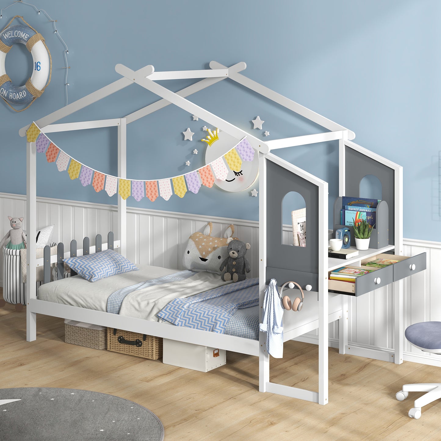 Twin/Full Bed Frame with House Roof Canopy and Fence for Kids-Twin Size Kids Crystal