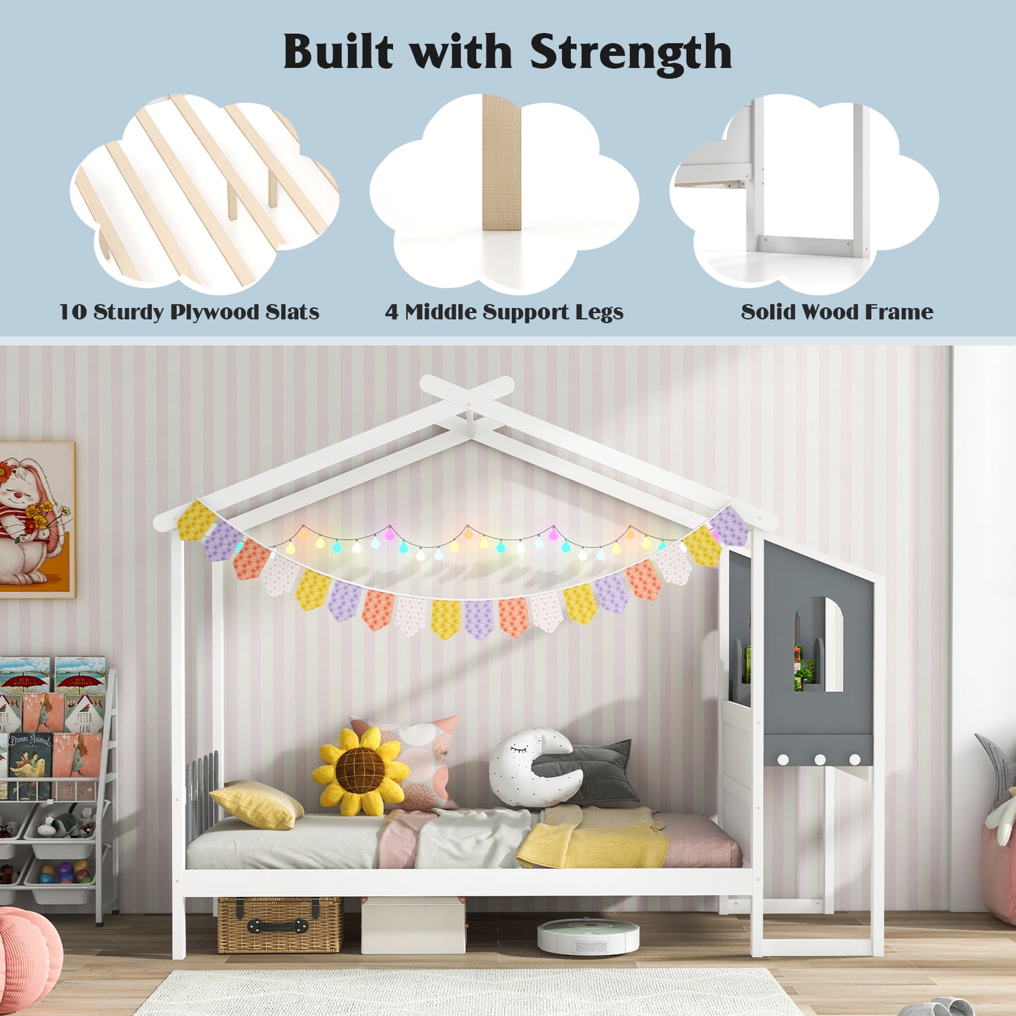 Twin/Full Bed Frame with House Roof Canopy and Fence for Kids-Twin Size Kids Crystal